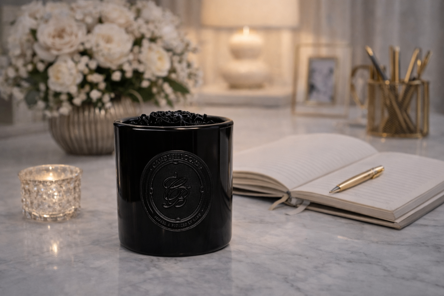 CandleBlooms JarBloom, a white jar CandleBloom crowned with a sculpted peony bloom