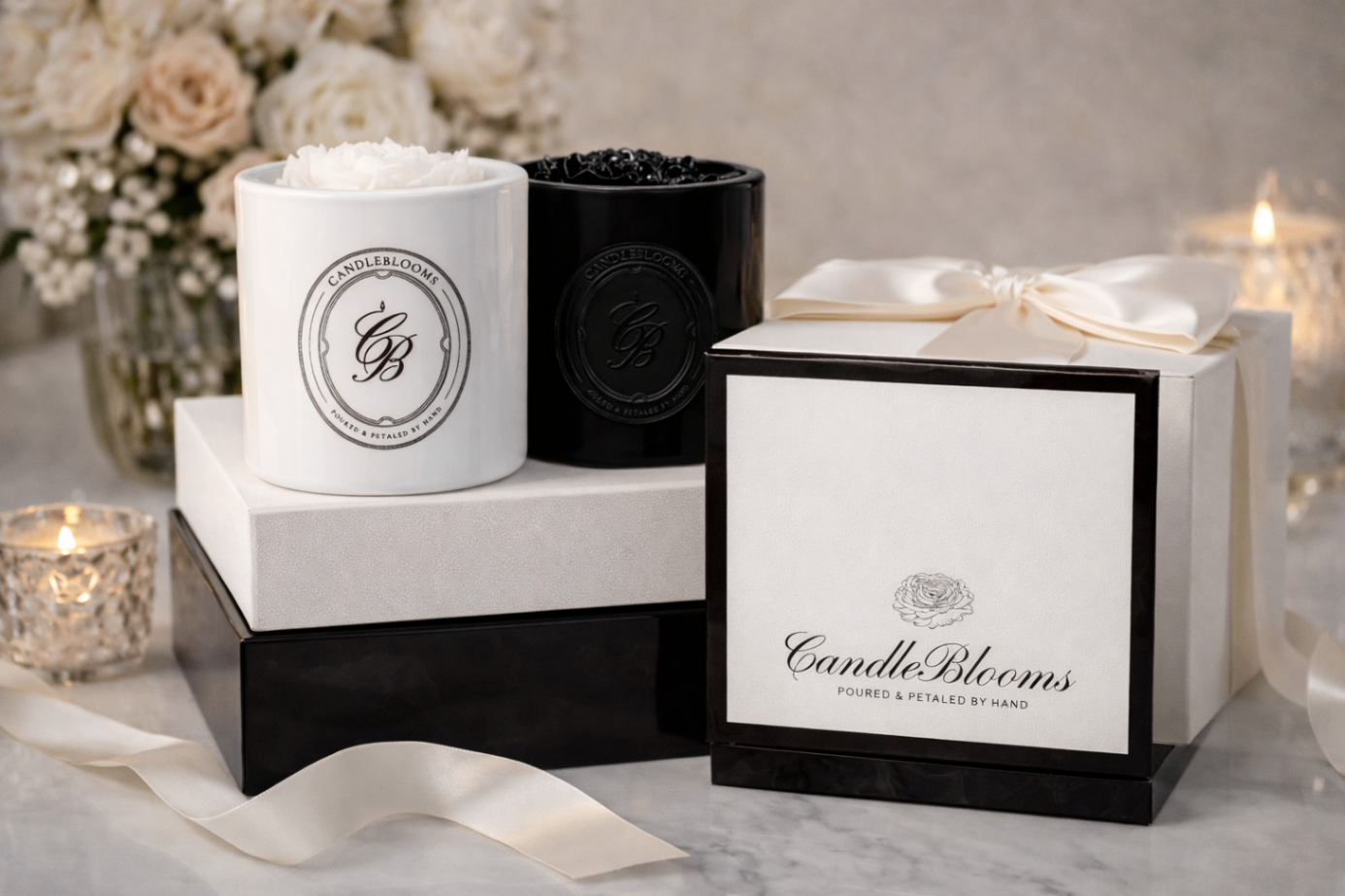 CandleBlooms gift boxes and jar CandleBlooms styled with ribbon and floral details