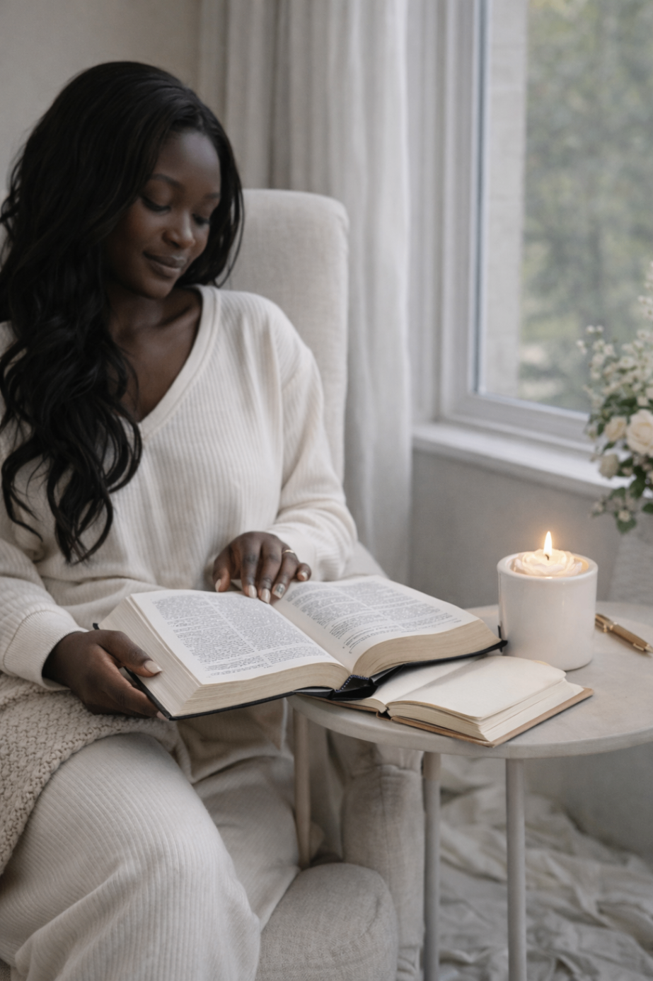 A quiet fast and prayer moment with candles, journal and open Bible