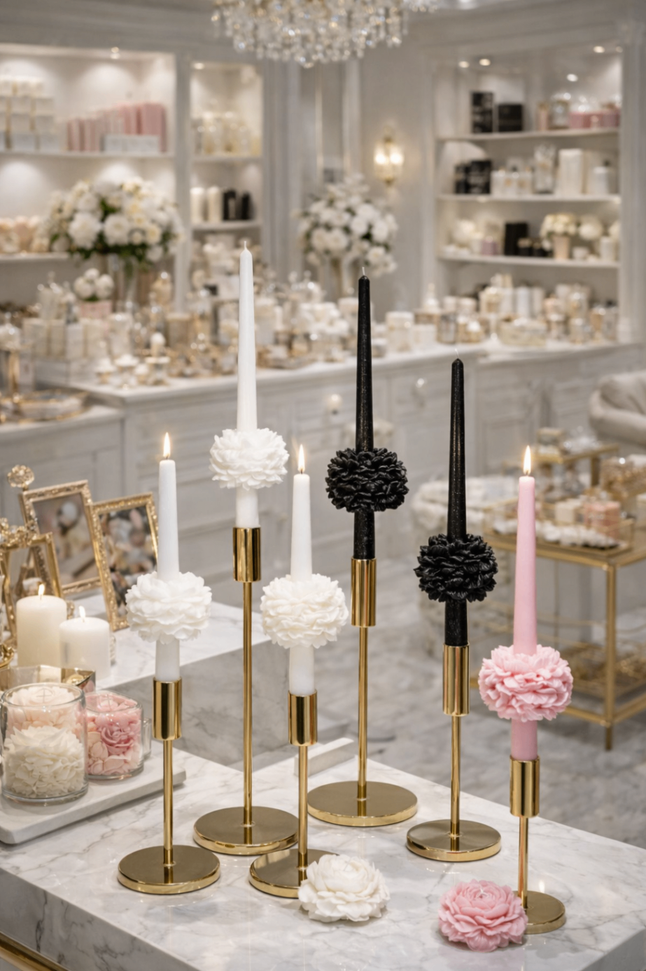 CandleBlooms collection display featuring statement floral candles in multiple forms and colours