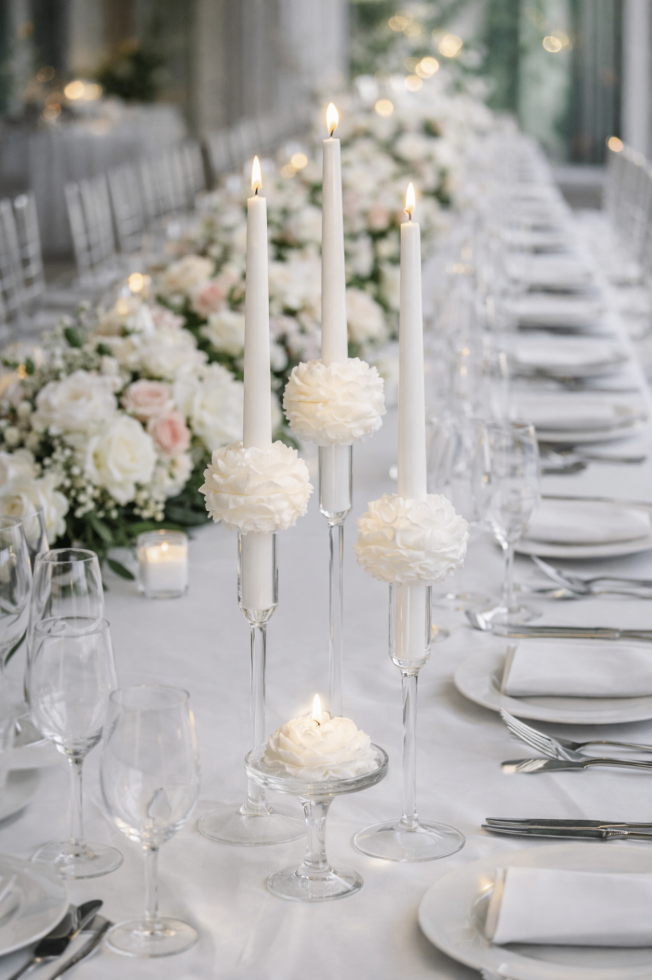 White CandleBlooms floral taper candles styled as refined event centrepieces
