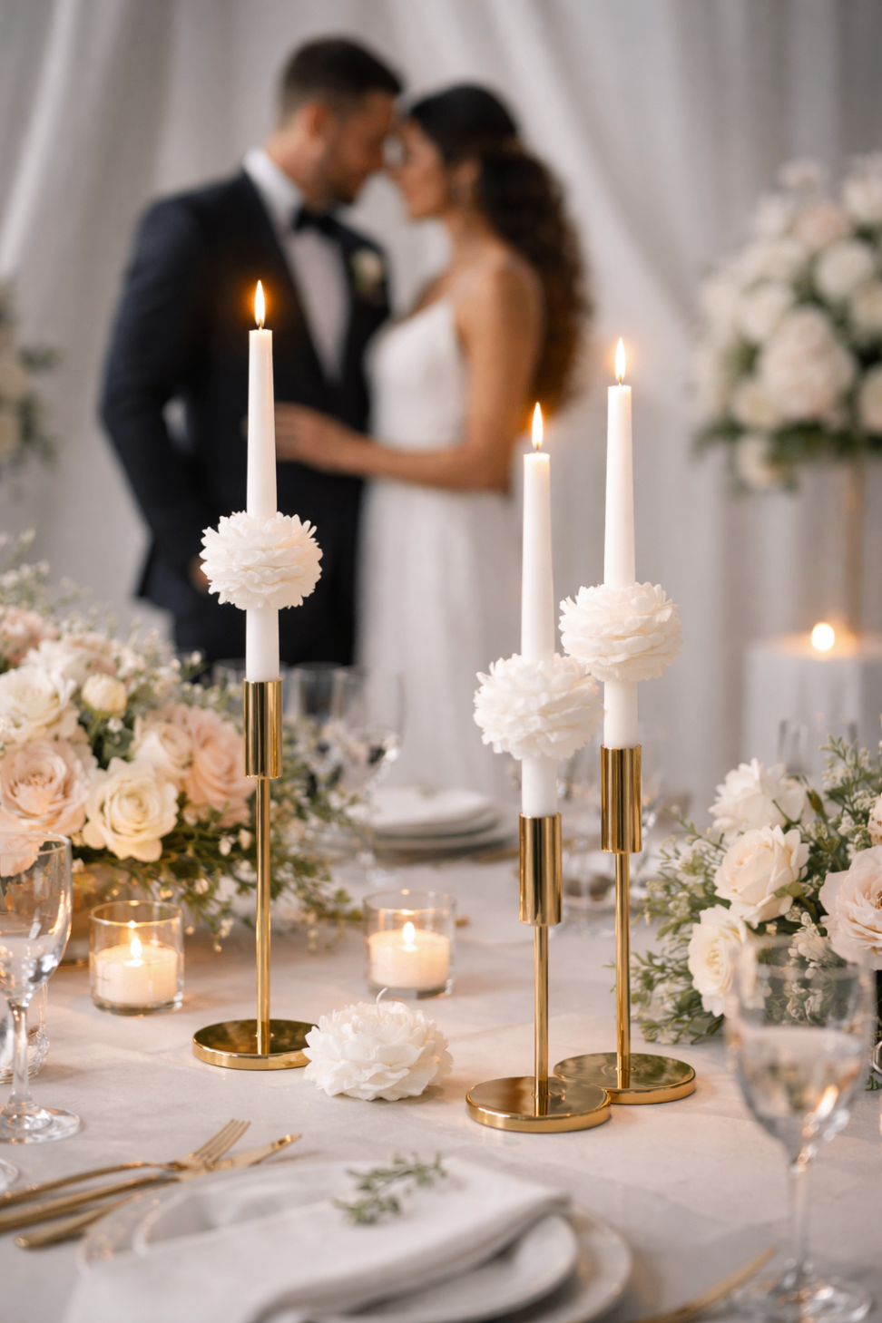 A Sunday lunch table dressed with floral candles