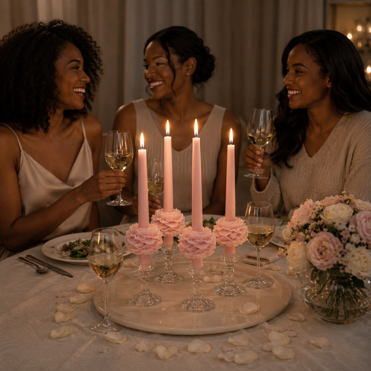 Three friends gathered around a candlelit table with pink floral taper candles