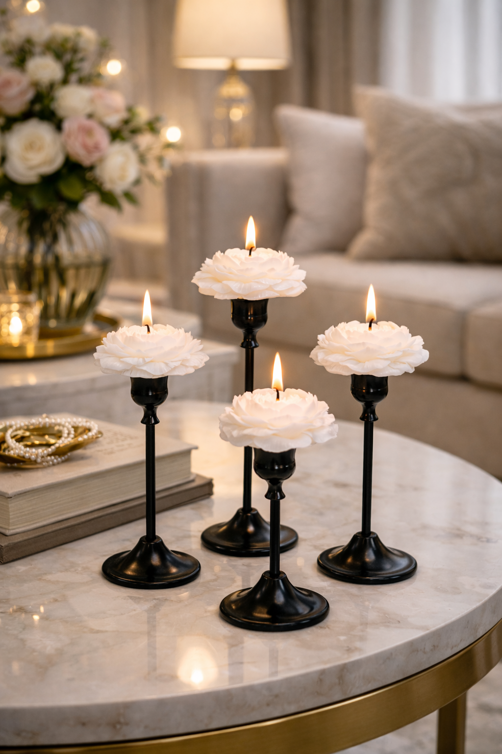 White peony PetiteBlooms candles on slender black stands, styled in a softly lit living room
