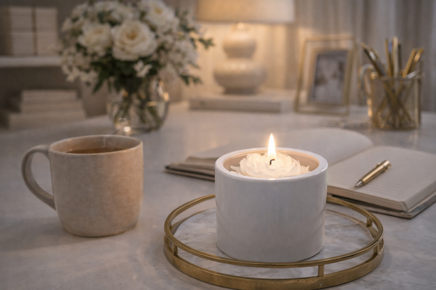 Lit CandleBlooms floral jar candle styled beside tea, stationery, and white roses